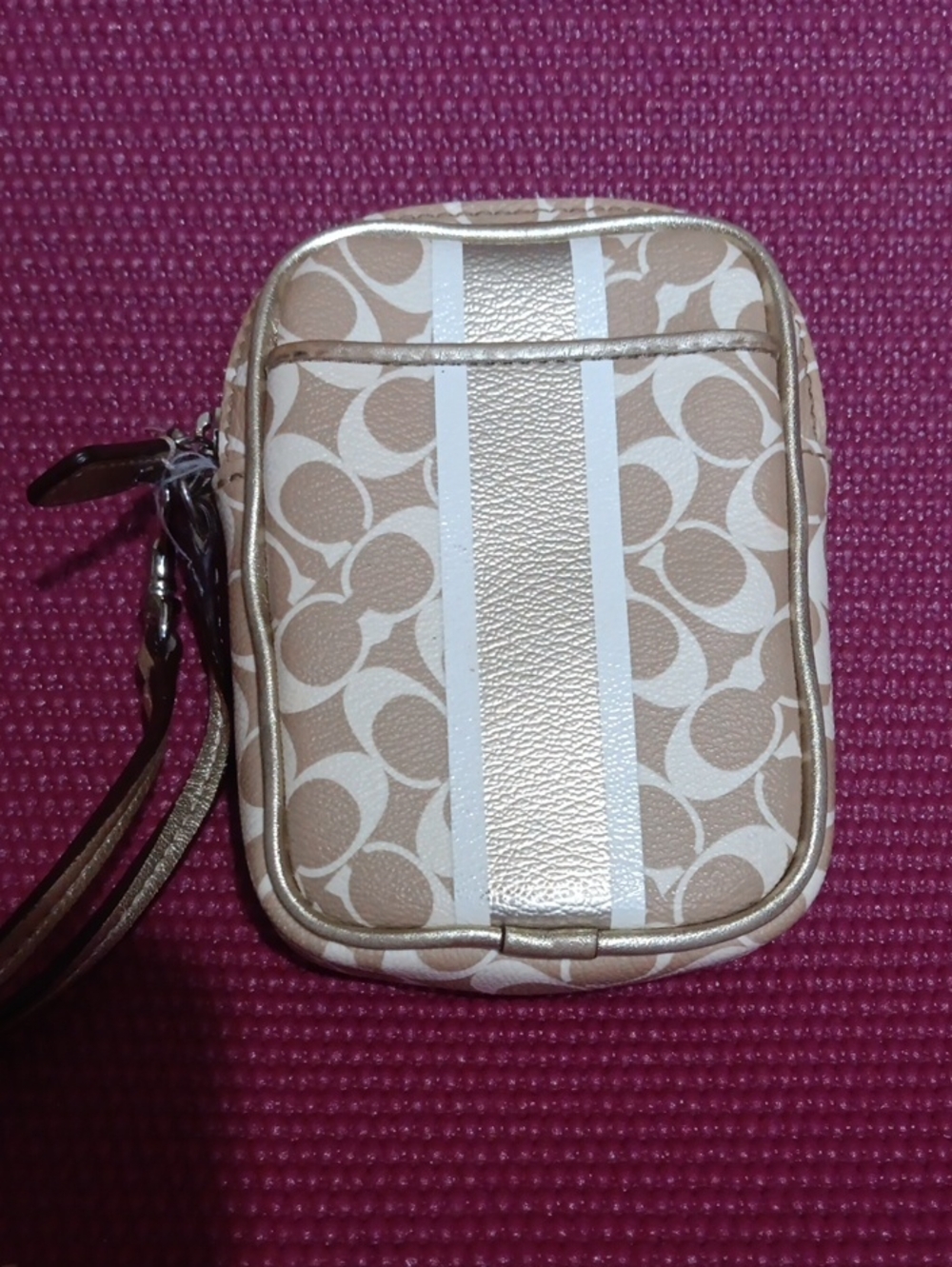 Coach Beige Signature Wristlet with Metallic Gold and White Stripes